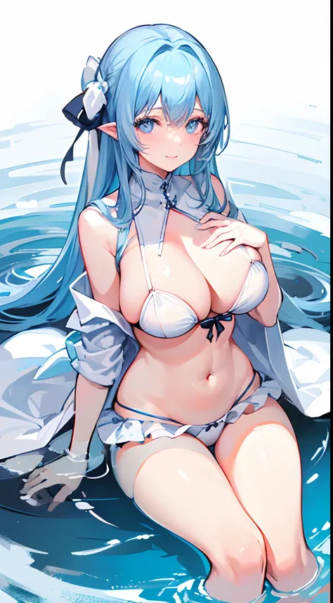 1 girl, Philfia Ingram, Solo, chest, looking_at_viewer, blush, mouth, lips, smile, bangs, light blue hair, light blue eyes, large_breasts, bow, ribbon, navel, cleavage, focus on breasts, taking one in her face, string, legs, thighs, on the face, in, blue u...