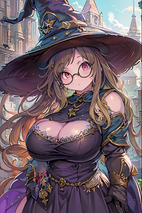 Fantasy,magic power,Realistic Girl Witch、(bbw:1.2)、huge-breasted、Anime style、Round glasses、Medieval cityscape、Ultramammy