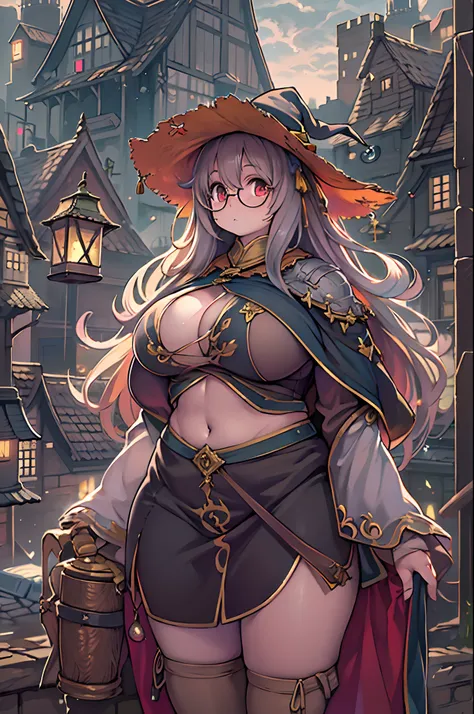 Fantasy,magic power,Realistic Girl Witch、(bbw:1.2)、huge-breasted、Anime style、Round glasses、Medieval cityscape、Ultramammy