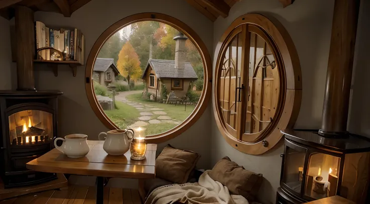 a cozy hobbit house, with two side fireplace , theres a table with coffee and a cup of coffee and a big candle, bookshelf in wall, in a autumn rainy day out