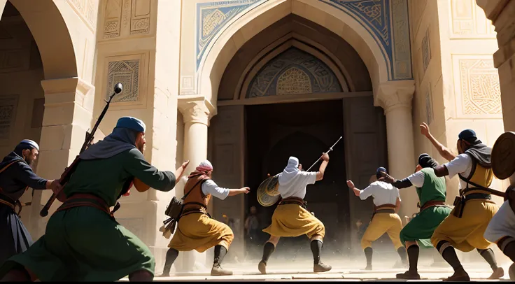 muslims warriors in al aqsa masjid, masterpiece, the best quality, islam, cinematic, battleground, crowd, fight