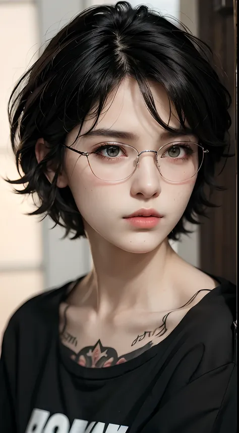 masterpiece, best quality, realistic, highly detailed, 1girl, solo, cowboy shot, different eyes color, glasses, short hair, black hair, medium breast, stylish T-shirt, Lips pierced, tatto on neck, beautiful girl, A tomboy face, Flat face without expression...