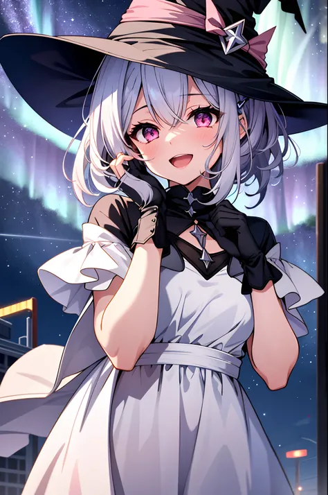 1girll, Solo, (Witch Hat),  Short hairstyle with silver hair and bob, Hair tied in a bun with a hair clip, Pink eyes、small tits、open open mouth、great laughter, Dress, Aurora, Night, Star (skyporn), mitts, skyporn, White Dress, night day