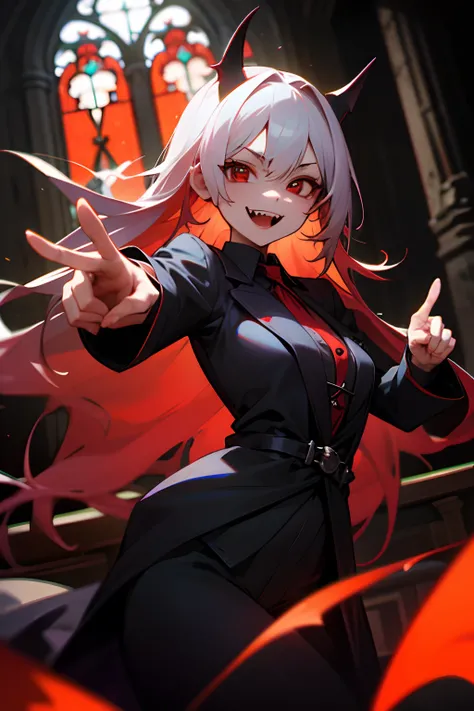 best quality, ultra-detailed, highres, 
Vampire, 
point at viewer, dynamic angle, very long hair, red eyes, ruined church, smile sinisterly, sharp fangs, 
depth of field, professional lighting,