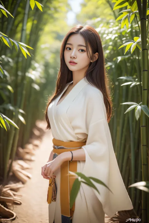 ((top-quality、8K、​masterpiece:1.3))wearing kimonos、Realistic young Korean woman in bamboo bushes, Young skinny idol,  Beautiful young Korean woman, beautiful Korean women, goddess of Japan, the face of a beautiful Japanese girl