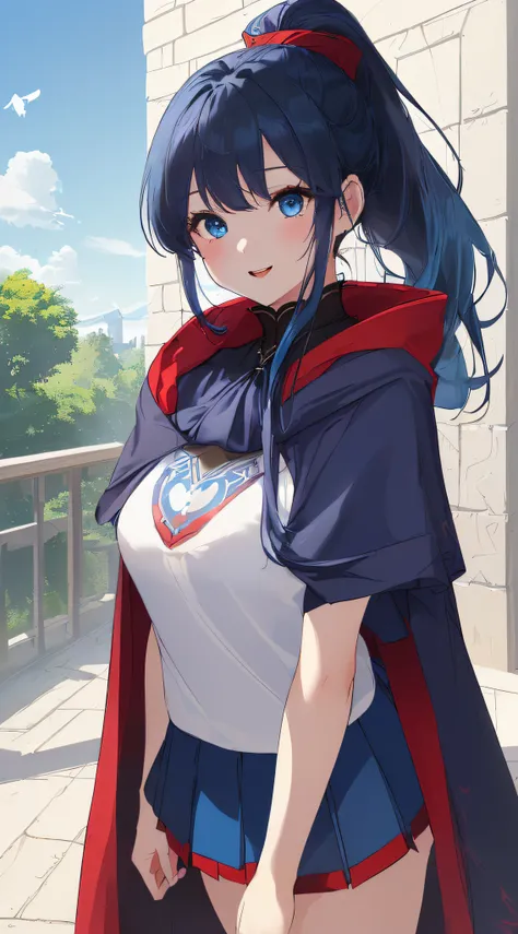 top-quality、Top image quality、​masterpiece、girl with((cute little、18year old、Best Bust、Medium bust、Bust 85,Beautiful blue eyes、Breasts wide open,Ponytail with black hair、A slender、Blue hair mesh、white t-shirts,red cloak、falda corta,Laugh、Leaning forward、Fl...