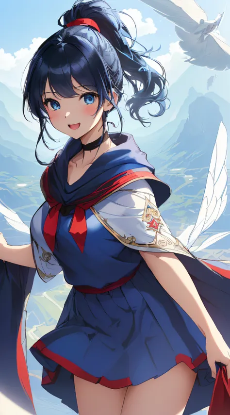 top-quality、Top image quality、​masterpiece、girl with((cute little、18year old、Best Bust、Medium bust、Bust 85,Beautiful blue eyes、Breasts wide open,Ponytail with black hair、A slender、Blue hair mesh、white t-shirts,red cloak、falda corta,Laugh、Leaning forward、Fl...