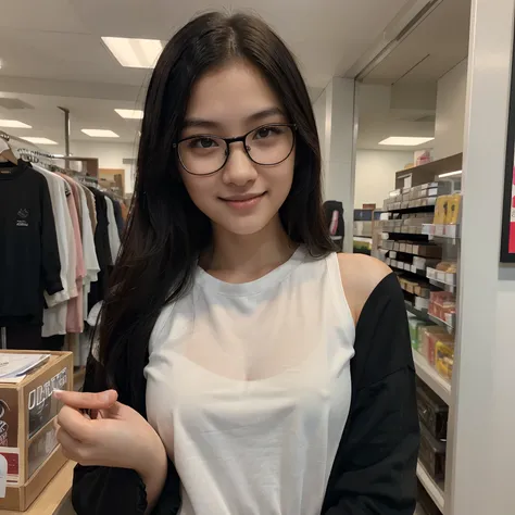 Very young female, half chinese, small slit-eyed, glasses, black hair, flawless white skin, long hair, photorealistic, best quality, hyper detailed, middle school student, beautiful woman, selfie photo, upper body, solo, wearing black clothes, smiling at s...