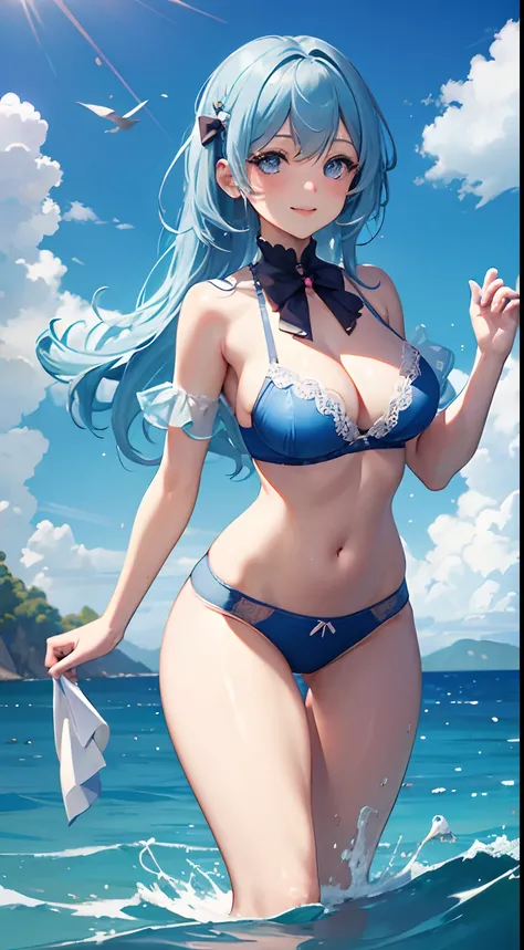 1 girl, Philfia Ingram, Solo, chest, looking_at_viewer, blush, mouth, lips, smile, bangs, light blue hair, light blue eyes, large_breasts, bow, ribbon, navel, cleavage, focus on breasts, taking one in her face, string, legs, thighs, on face, in, blue under...