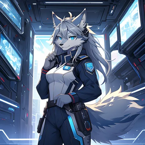 masterpiece, solo, 1girl, furry, kemono, furry wolf, anthropomorphic, female, blue eyes, (silver fur, silver skin), sci-fi unifo...