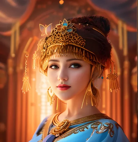 8K，high-definition photography，A picture of a woman wearing a hat and earrings,  ornate headdress，Complicated details