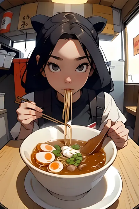 4k, high quality, girl eating ramen, perspective