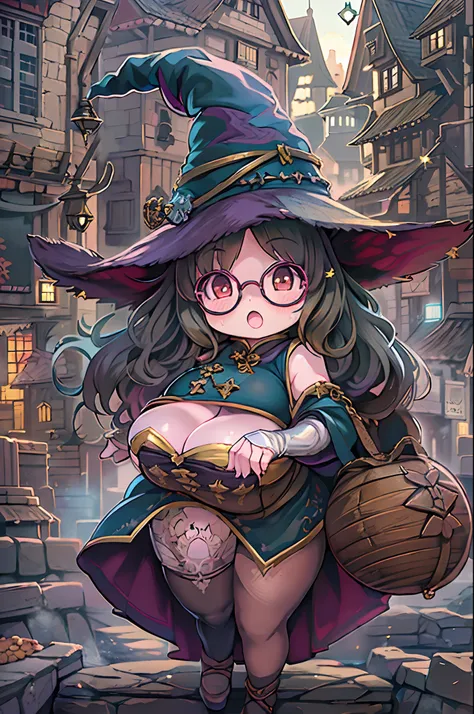 Fantasy,magic power,Realistic Girl Witch、(bbw:1.2)、huge-breasted、Anime style、Round glasses、Medieval cityscape、Ultramammy,Chibi