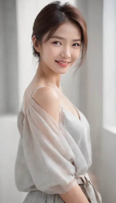 asian female, Soft light, Clear face, cheerfulness, Cheerful big, Smiling, Warm light, ((Off-white gradient background)), (Background)). ((Gray wall background)) , (Bob cut hair), Smile,  ,Skirt that wraps hips、Ekbo