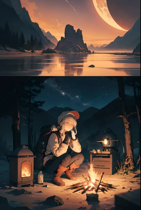 masterpiece, best quality, ultra-detailed, illustration, 1girl, solo, outdoors, camping, night, mountains, nature, stars, moon, bonfire, tent, twin ponytails, green eyes, cheerful, happy, backpack, sleeping bag, camping stove, water bottle, mountain boots,...