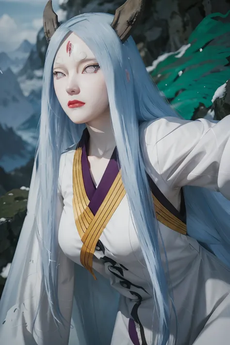 kaguya ōtsutsuki.  a woman was standing in the hills wearing a tight, tracing white kimono.  she had pale white skin worthy of snow.  with tiny, rosy lips.  he has long blue hair.  he seemed to be staring intently at the camera.  so beautiful and realistic