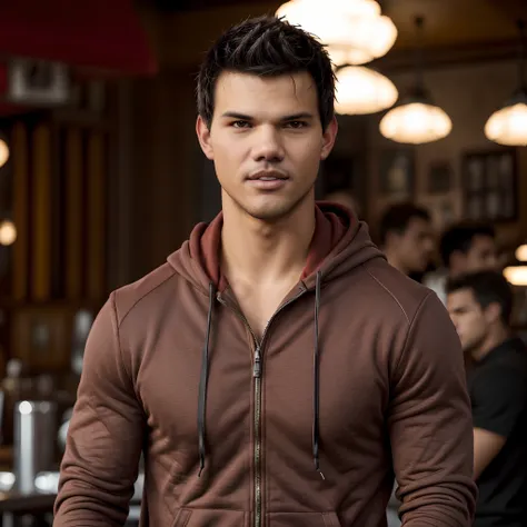 1male, solo, ((taylor lautner)), red hoodie, fluffy hair, face detail, cafe, high quality, extremely detailed