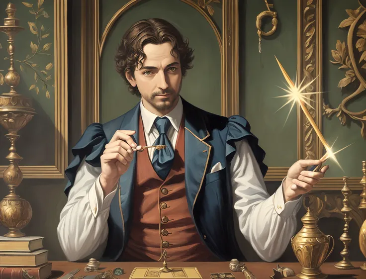 The magician in the Tarot card holds his magic wand high in his right hand, and his four magic props are placed on the table in front of him, in an oil painting style --auto --s2