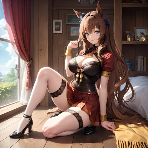 ​masterpiece、top-quality、Full body drawing、Marzensky the Horse Daughter、maruzensky（Uma Musume）、livingroom、Slender beauty、horse ear、Horse tail、A smile、superfine illustration、extremely cute and beautiful girl、very detailed beautiful face and eyes、Detailed an...