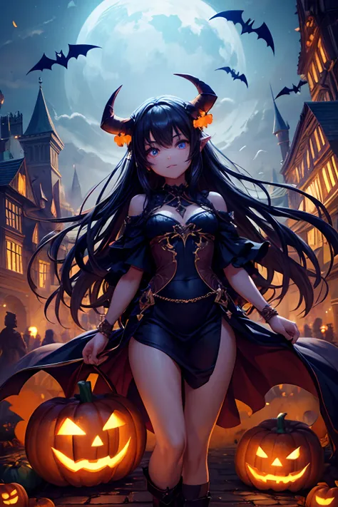 of the highest quality, High resolution, The perfect human structure, Human focus, Glowing hair, Glowing eyes, Medium chest, Halloween, Feathers, Horns, Castle background, pumpkins, Whole body angle