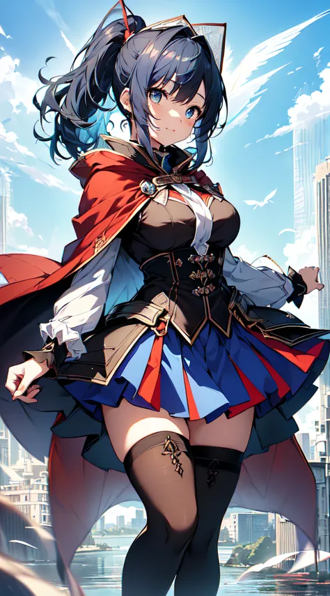 top-quality、Top image quality、​masterpiece、girl with((cute little、18year old、Best Bust、Medium bust、Bust 85,Beautiful blue eyes、Breasts wide open,Ponytail with black hair、A slender、Blue hair mesh、Black and white full-body tights、Blue short skirt,Red cloak,L...