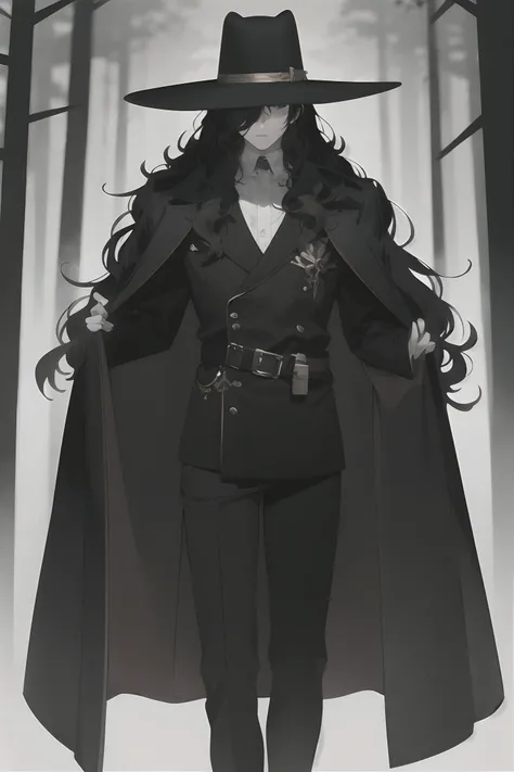 A tall, slender man dressed all in black with long black wavy hair, ((long black wavy hair)),
The long coat is designed to hide your mouth so you dont show your mouth,
Wearing a ten-gallon hat with a wide brim,
His left eye is hidden by his bangs, so you c...