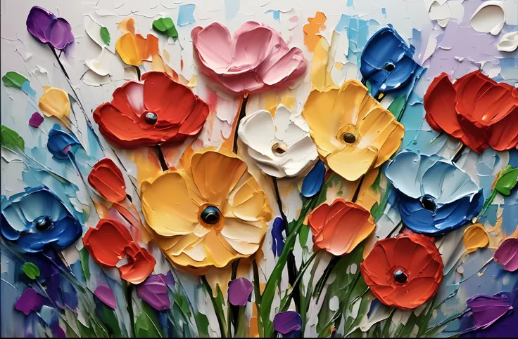 painting of colorful flowers on a white background with a blue background, detailed impasto, oil paint impasto reliefs, impasto painting, palette knife painting, detailed impasto brushwork, impasto oil painting, oil paint impasto relief, colourful flowers,...