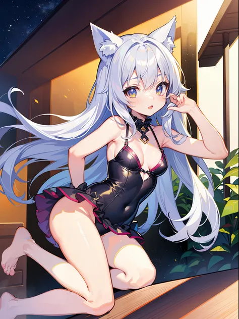 (Masterpiece), (Best Quality Anime Illustration), (Super Definition), One Girl, Solo, Beautiful Girl with Silver Hair, Anime Loli, Cat Ears Loli, Sexy Swimsuit, Bold Pose, Beach