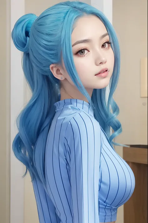 Vivi has long wavy sea blue hair. She is most often seen wearing her hair in a ponytail. She has a slim body, prominent breasts.