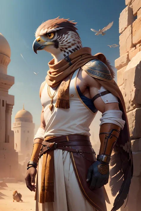 Falcon, wearing middle eastern scarf, furry, male, small size, feathers, inventor, smart falcon, humanoid, present arabic background, fentz, sovlin