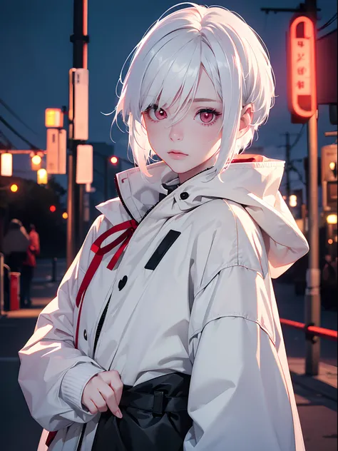 1girl,Albino, cute, white hair, short hair, beautiful, long hair,red eyes, wearing a parka jacket, hair with a ribbon,night light ((8k, UHD, ultra realistic))