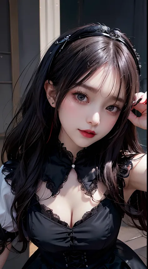 top-quality　​masterpiece　8K Masterpiece　Face with ultra-detailed details　Draw the face in detail　One woman wearing Gothic Lolita　Full body photo　kawaii pose　Sexy Pictures　Focus on the face　Kamimei　Close-range photography　The majority of users on the screen...