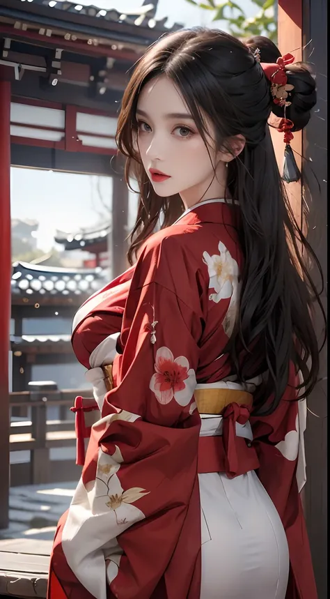 Traditional buildings of Japan、wearing red kimono、Unreal Engine:1.4,nffsw,best qualtiy:1.4, Photorealista:1.4, Skin Texture:1.4, ​masterpiece:1.8, 1 Women, hips up high, beautidful eyes, The long-haired, Kimono