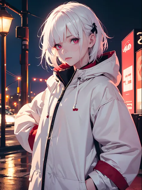 1girl,Albino, cute, white hair, short hair, beautiful, long hair,red eyes, wearing a parka jacket, hair with a ribbon,night light ((8k, UHD, ultra realistic))