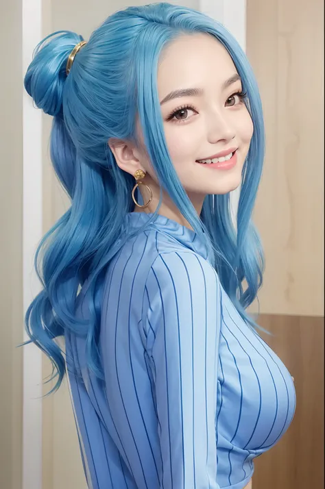 Vivi has long wavy sea blue hair. She is most often seen wearing her hair in a ponytail. She has a slim body, prominent breasts.beatiful smile,she wearing gold earring