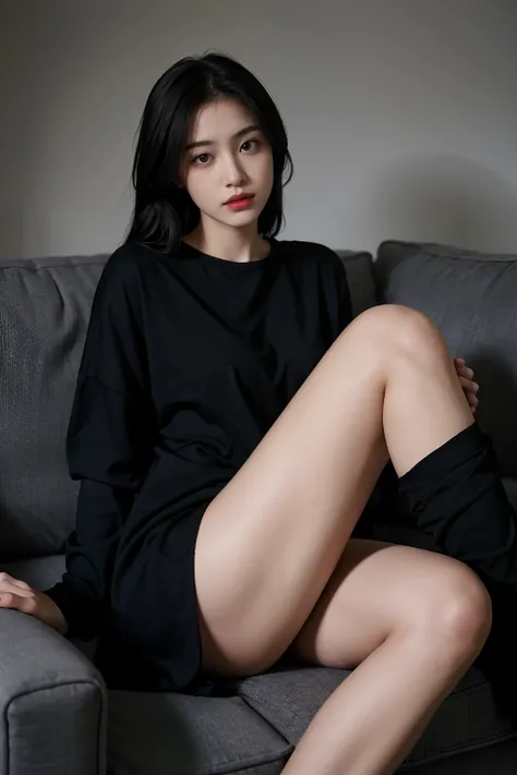 1girll,Sit on a comfortable sofa,Cross ed leg,Complete clothes，Soft light，blacksilk，Sexy look