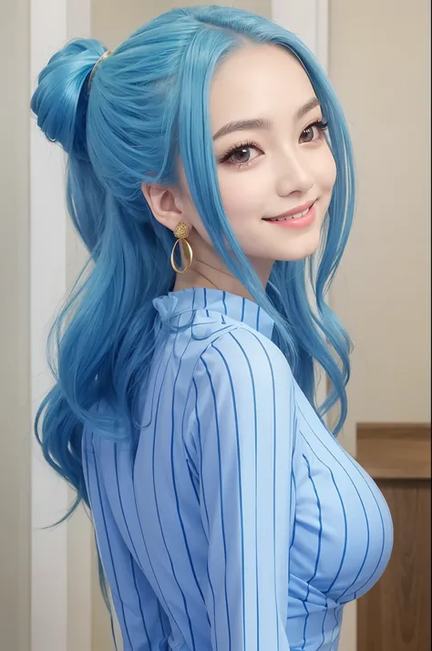 Vivi has long wavy sea blue hair. She is most often seen wearing her hair in a ponytail. She has a slim body, prominent breasts.beatiful smile,she wearing gold earring