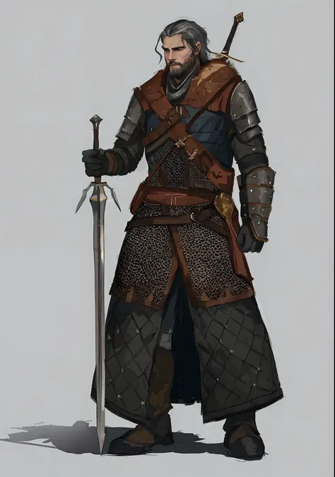 um homem de armadura segurando uma espada e uma espada, Arte conceitual de The Witcher, flowing robes and leather armor, armaduras e vestes, com uma armadura de couro leve, Armadura Conceitual, arte conceitual medieval, Arte conceitual de um guerreiro, art...