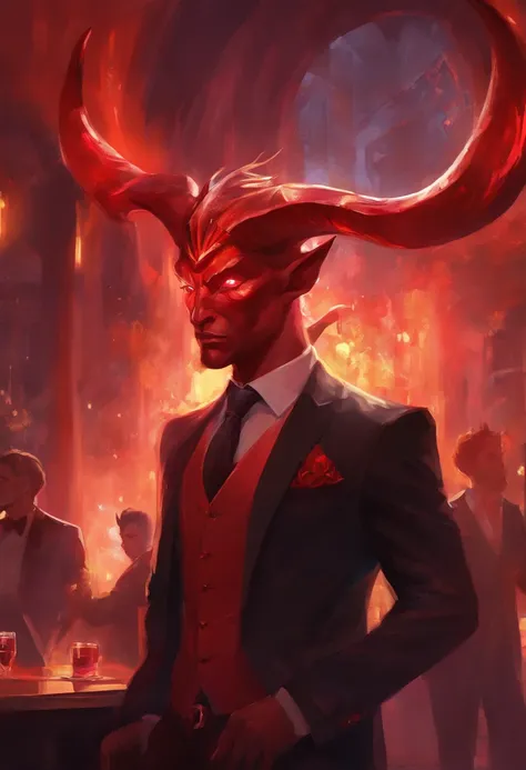 red skinned male fully horned demon wearing a suit inside of a jazz bar seductive, scary, powerful