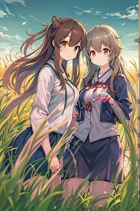 Anime image of two girls in a field with long hair, Anime Girls, two beautiful anime girls, official artwork, anime style 4 k, Official art, anime moe art style, Twin-tailed, guweiz and makoto shinkai, Kantai Collection Style, a-1 pictures, artgerm and ate...