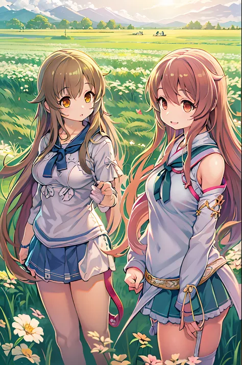 Anime image of two girls in a field with long hair, Anime Girls, two beautiful anime girls, official artwork, anime style 4 k, Official art, anime moe art style, Twin-tailed, guweiz and makoto shinkai, Kantai Collection Style, a-1 pictures, artgerm and ate...