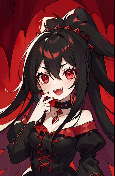 (a girl,vampire,red and black princess dress,black hair with black locks,bright red eyes,sharp fangs,......,laughing,with thick ...