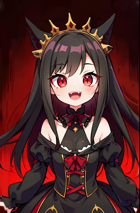 (a girl,vampire,red and black princess dress,black hair with black locks,bright red eyes,sharp fangs,......,laughing,with thick ...