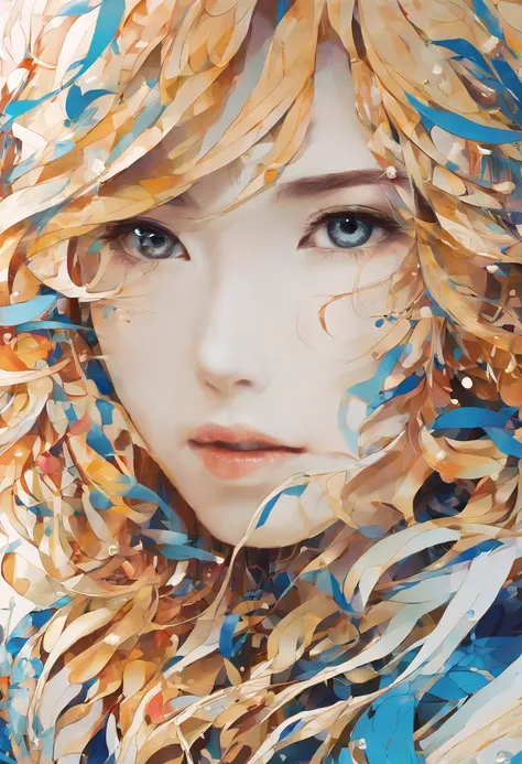 Mulher supermodelo bonita com cabelo loiro, uma mecha de cabelo com um leve destaque, olhos azul-acinzentados, meio misto, ink does not dry, Besouro da joia, fundo colorido, liquid color flowing through your face, fotografado por Jingna Chang, seios gigant...