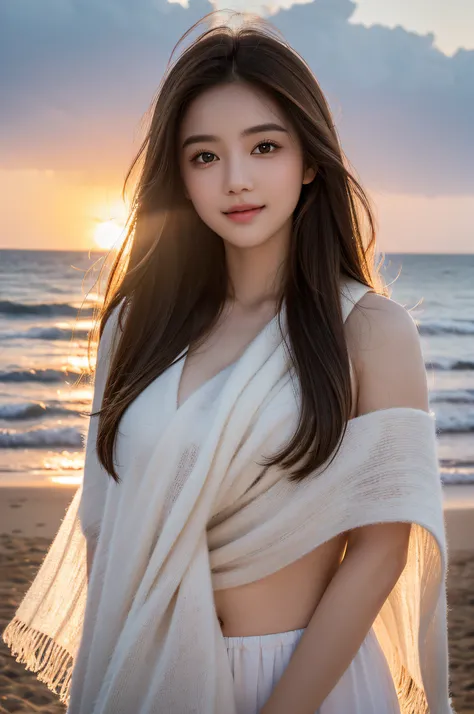 Beautiful girl，Highest image quality，Beautiful graphics，big bright eyes，long eyelasher，Long brown hair shawl，Perfect facial features，Clear face，Delicate lips，ssmile，the setting sun，Beautiful backdrop by the sea，Gentle light