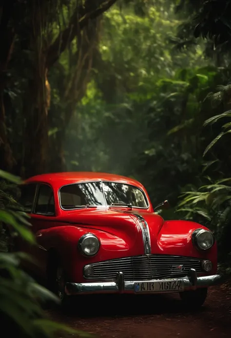 "(best quality,photography:1.2),red car,retro style,in jungle,highly-detailed,moody lighting,vibrant colors"