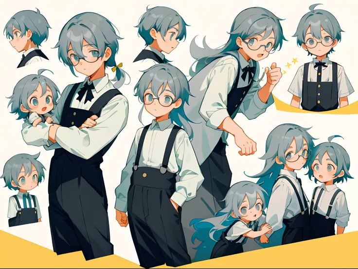 younge boy，multiple postures and expressions，Childrens book illustration style，، simple，adolable，full-color，Black suspenders，eye glass，Long gray hair，flatcolors，