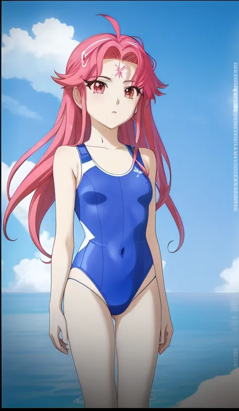 A close-up of a man in a swimsuit，In the background are the sky, in a bathing suit, Pink female squid girl wearing black silk humanoid, anime girl named lucy, swimsuit, asuka suit under clothes!, erza scarlet as a real person, gainax anime style, full body...