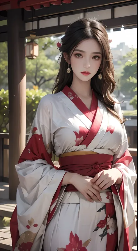 Japanese landscape、wearing kimonos、The cherry tree、Unreal Engine:1.4,nffsw,best qualtiy:1.4, Photorealista:1.4, Skin Texture:1.4, ​masterpiece:1.8, 1 Women, hips up high, beautidful eyes, The long-haired, Ringed Eyes, jewely, The tattoo, Kimono