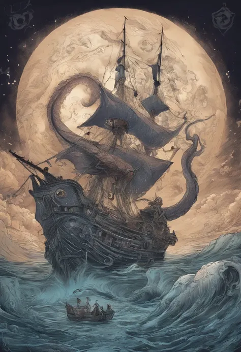 kraken, giant villainous squid shipwreck consuming humans under nightmare moon